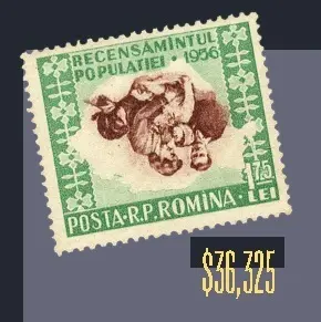 România 1956, timbru Recensământ 1,75 lei verde-maro – eroare cu centru inversat